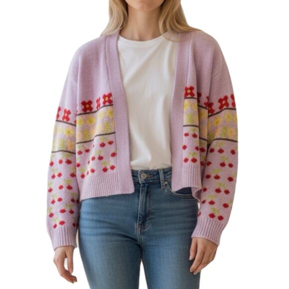 ZARA Womens Cropped Jacquard Knit Cherry Cardigan Sz M Sweater Cottage Coquette - Picture 1 of 11